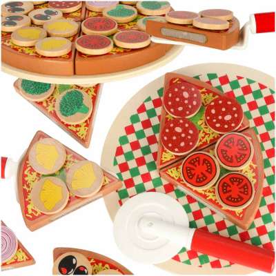 Pizza drewniany zestaw do zabawy na rzep  akcesoria łopatka nóż talerz nauka krojenia 20cm