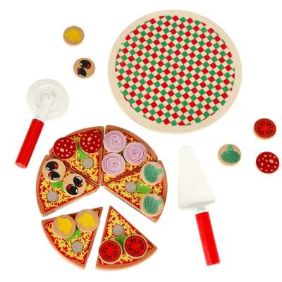 Pizza wooden play set velcro accessories spatula knife plate learning to cut 20cm