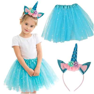 Unicorn carnival costume headband+skirt blue 3-6 years old
