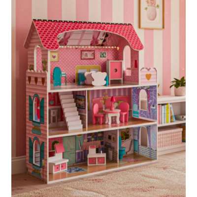 Domek dla lalek drewniany MDF mebelki 70cm różowy LED
