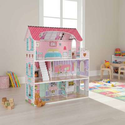 Domek dla lalek drewniany MDF mebelki 70cm różowy LED