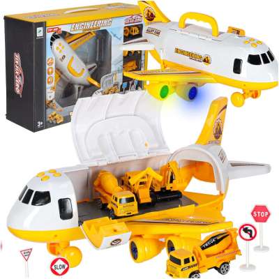 Folding plane transporter with cars + 3 construction vehicles lights sound