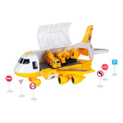 Folding plane transporter with cars + 3 construction vehicles lights sound
