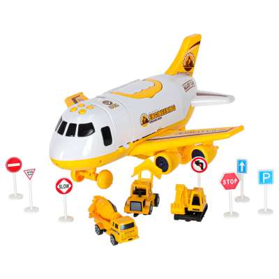 Folding plane transporter with cars + 3 construction vehicles lights sound