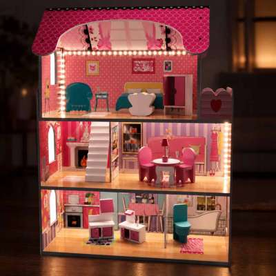 MDF wooden dollhouse furniture 70cm pink LED