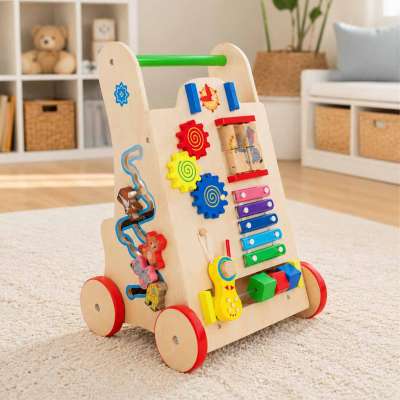 Push toy for children wooden walker educational cube 6-in-1