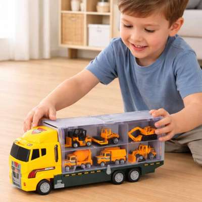 Transporter truck TIR launcher + metal cars construction machinery