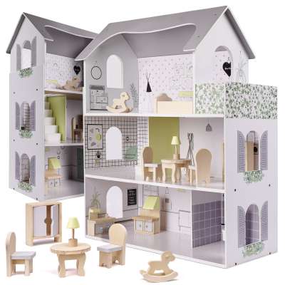 MDF dollhouse with accessories 70cm LED grey