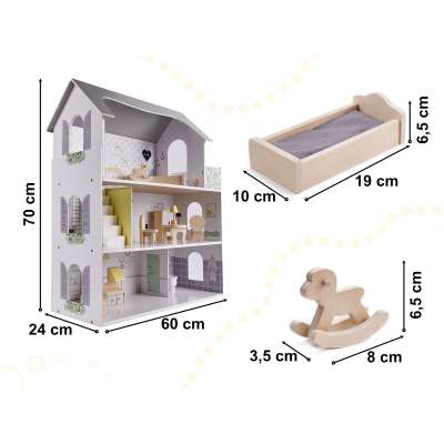 MDF dollhouse with accessories 70cm LED grey