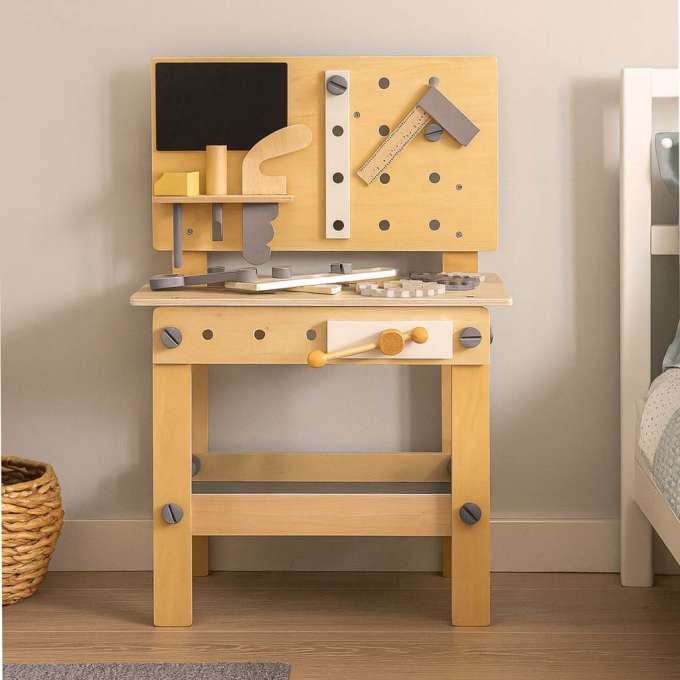 Wooden table tool work bench for children with tools DIY set handyman