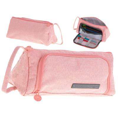 School pencil case double sachet cosmetic bag pink