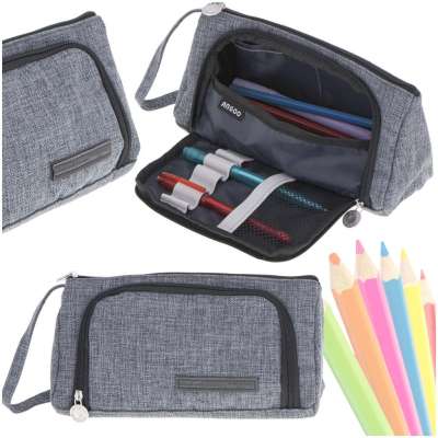 Two-compartment school pencil pouch vanity case expandable 3in1 grey