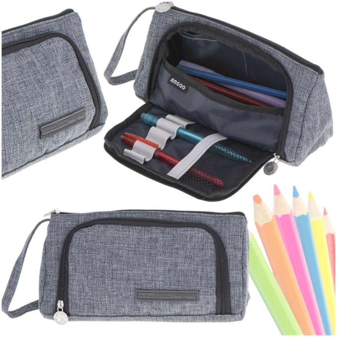 Two-compartment school pencil pouch vanity case expandable 3in1 grey