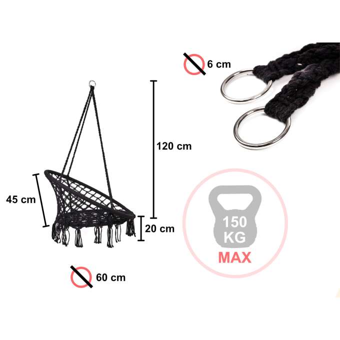 Huśtawka fotel bocianie gniazdo z oparciem czarna 80cm + poduszki 120kg