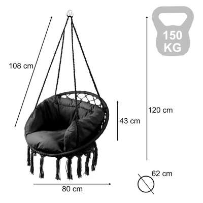 LUARO swing chair stork's nest with cushion black 80 cm 150 kg