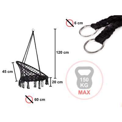 Stork's nest chair swing with backrest black 80cm + cushions