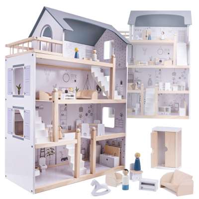 Wooden doll house + furniture 80cm white grey