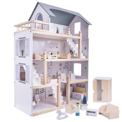 Wooden doll house + furniture 80cm white grey