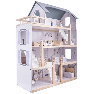 Wooden doll house + furniture 80cm white grey