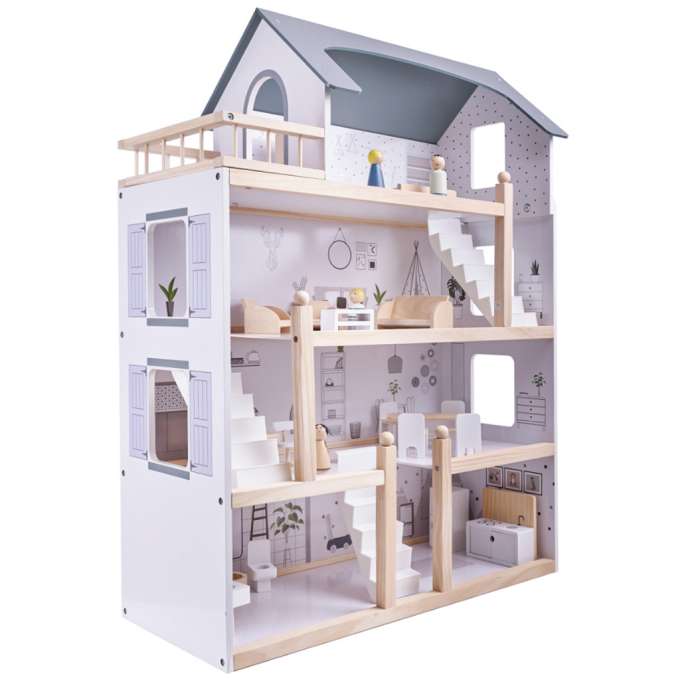 Wooden doll house + furniture 80cm white grey