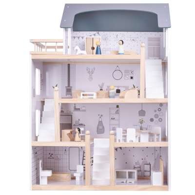 Wooden doll house + furniture 80cm white grey