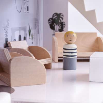 Wooden doll house + furniture 80cm white grey