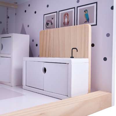Wooden doll house + furniture 80cm white grey