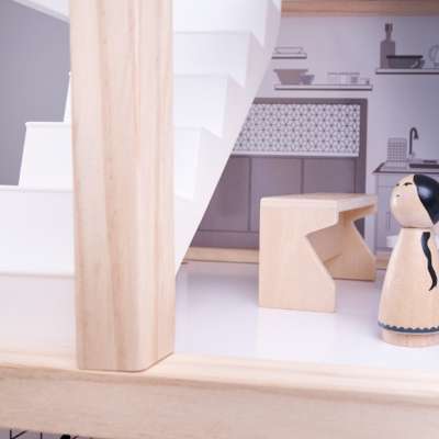 Wooden doll house + furniture 80cm white grey