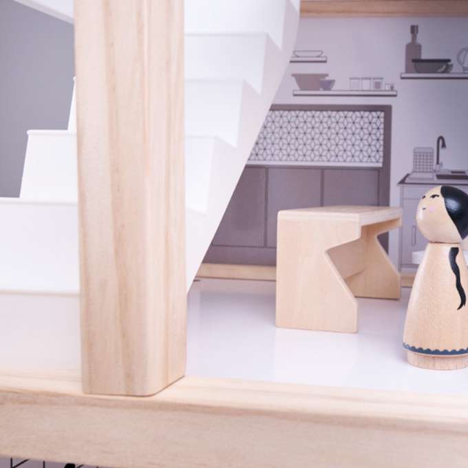 Wooden doll house + furniture 80cm white grey