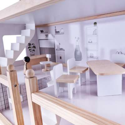 Wooden doll house + furniture 80cm white grey
