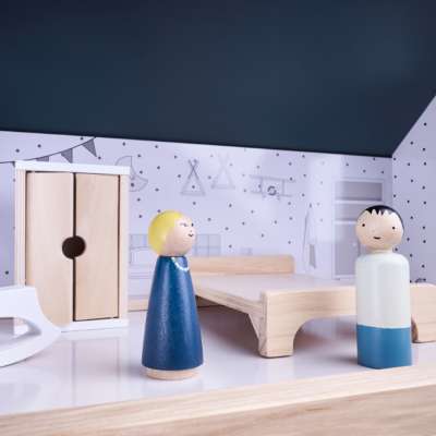 Wooden doll house + furniture 80cm white grey