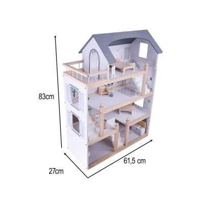 Wooden doll house + furniture 80cm white grey