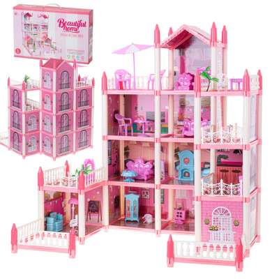 Doll house villa pink DIY 4 levels furniture
