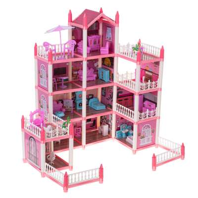 Doll house villa pink DIY 4 levels furniture