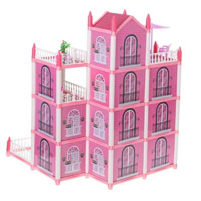 Doll house villa pink DIY 4 levels furniture