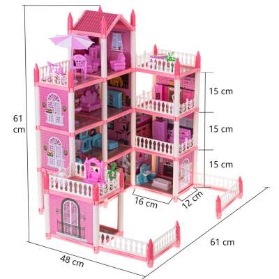 Doll house villa pink DIY 4 levels furniture
