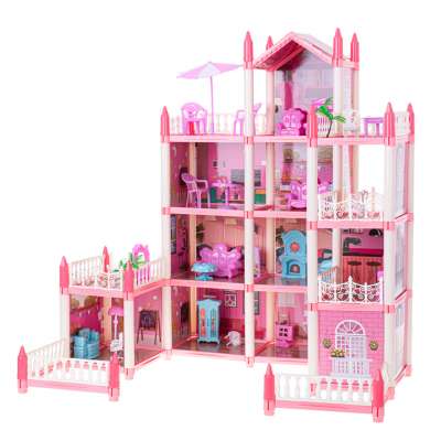 Doll house villa pink DIY 4 levels furniture