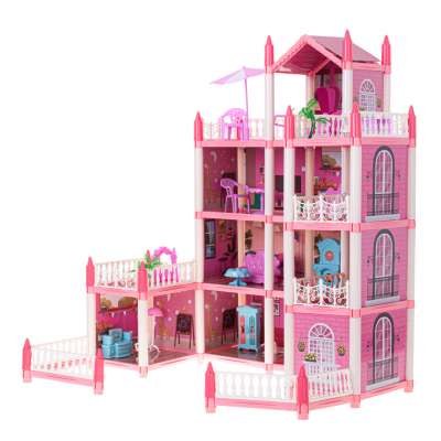 Doll house villa pink DIY 4 levels furniture