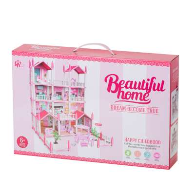 Doll house villa pink DIY 4 levels furniture