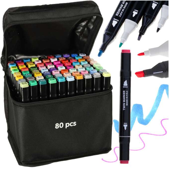 Double-sided alcohol markers in case 80 + base