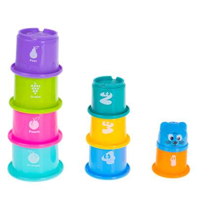 Educational cups tower pyramid numbers and fruits