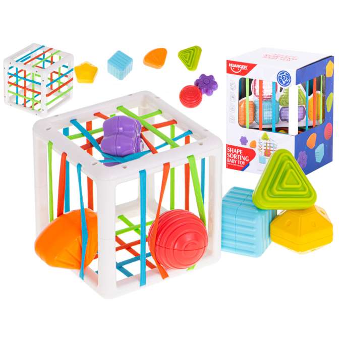 Sensory cube, flexible puzzle, shape sorter, plug-in toy, 7 pieces.