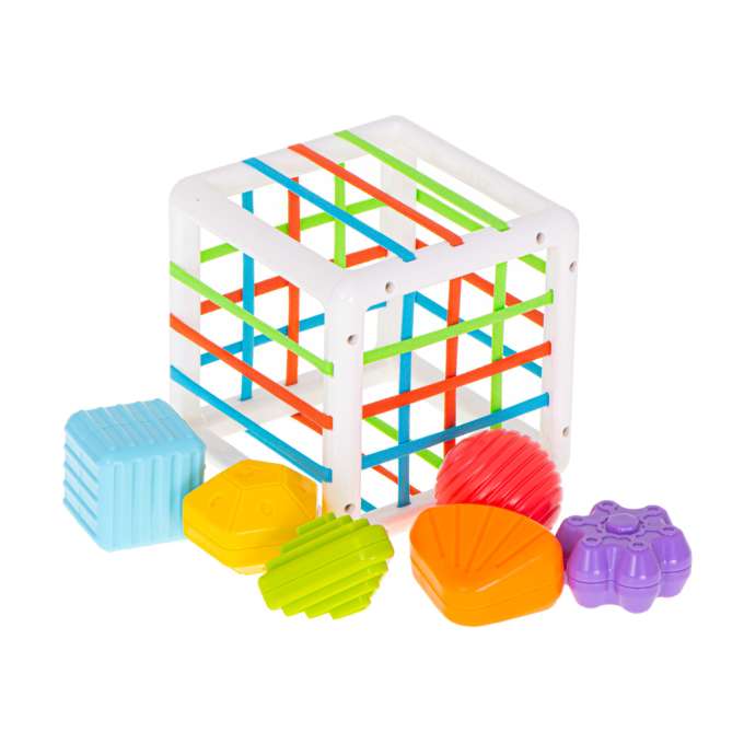Sensory cube, flexible puzzle, shape sorter, plug-in toy, 7 pieces.