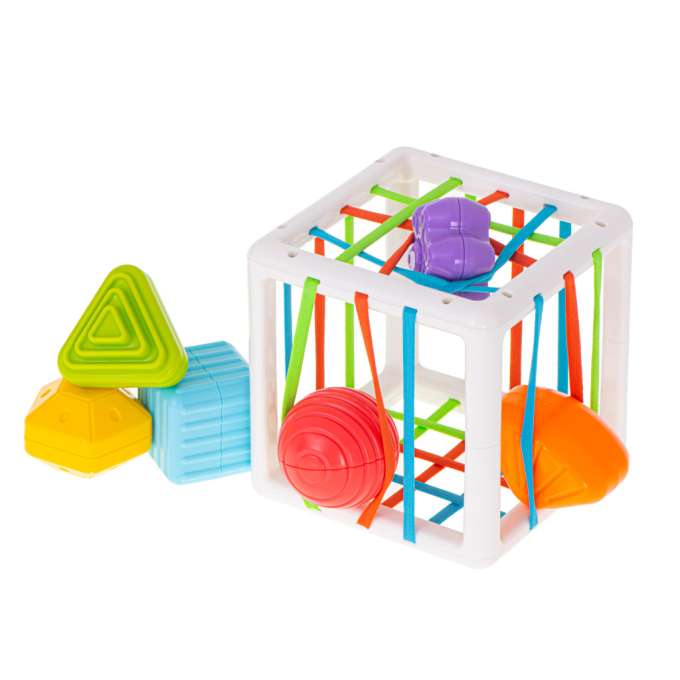 Sensory cube, flexible puzzle, shape sorter, plug-in toy, 7 pieces.