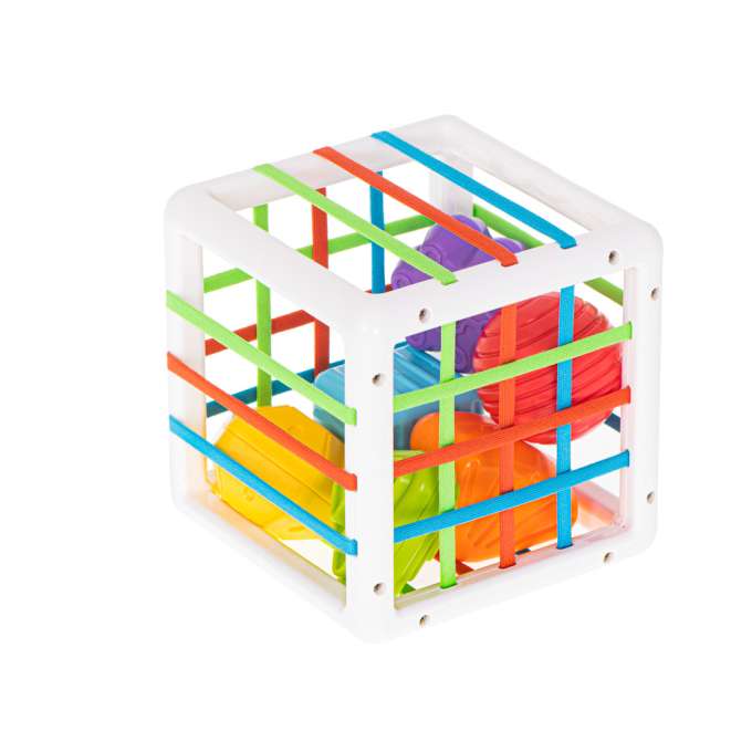 Sensory cube, flexible puzzle, shape sorter, plug-in toy, 7 pieces.