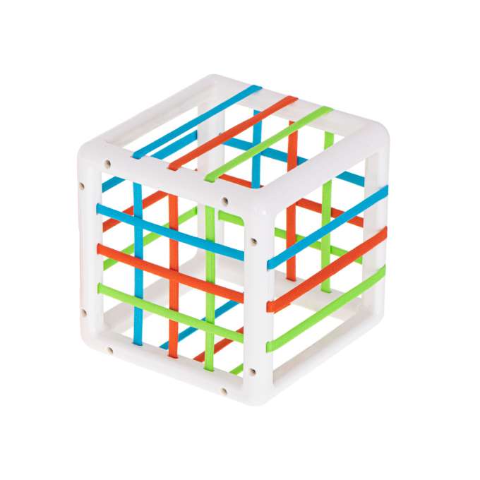 Sensory cube, flexible puzzle, shape sorter, plug-in toy, 7 pieces.