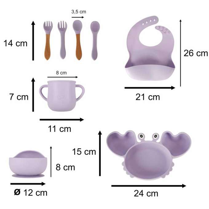 Children's silicone utensils crab set of 9 pieces purple