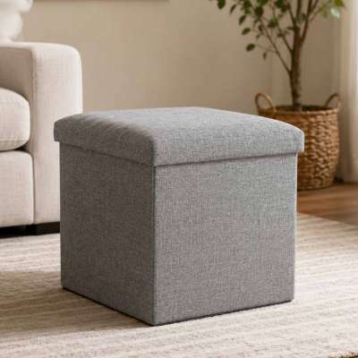 Folding pouf with storage open to seat footrest grey 38x38x38cm