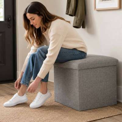 Folding pouf with storage open to seat footrest grey 38x38x38cm