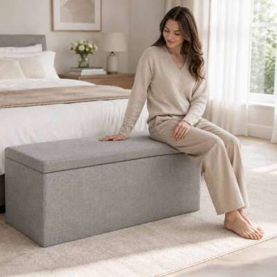 Folding pouffe with storage open to seat footrest gray large 76x38x38cm